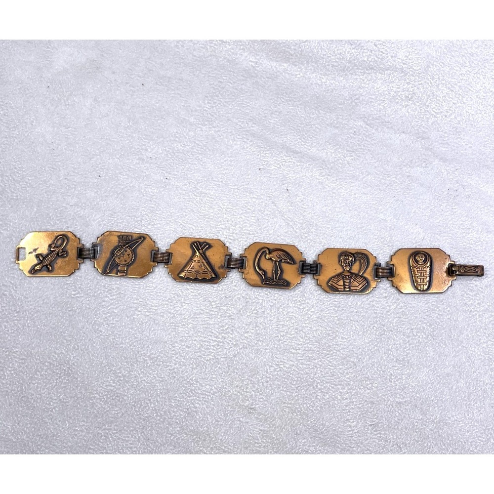 Vintage Copper Native American Panel Link Bracelet Alligator Chief Teepee